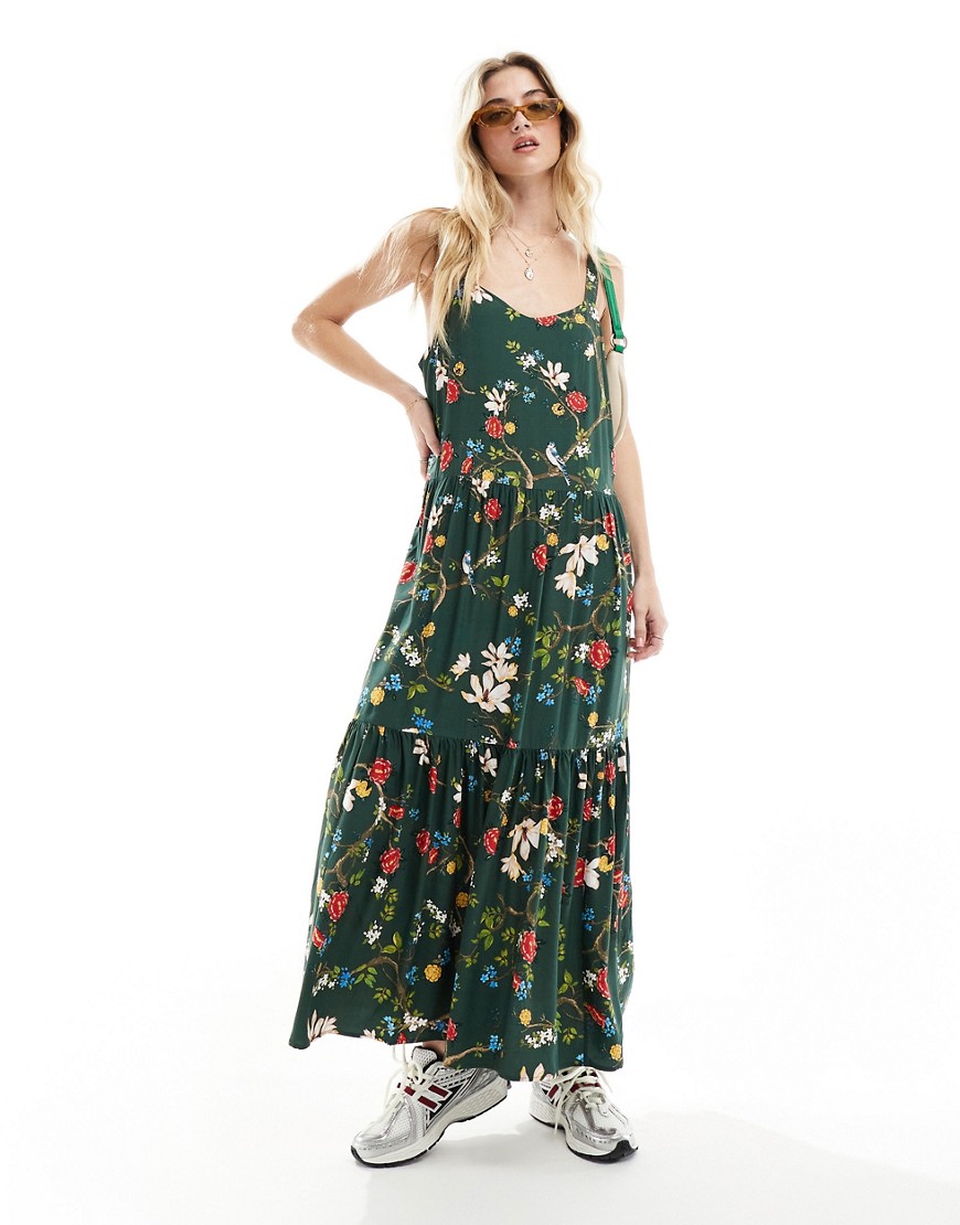 Superdry Woven tiered maxi dress in blossom birds green