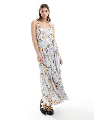 Superdry Woven tiered maxi dress in blossom birds grey