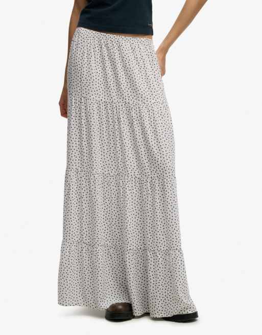 Superdry Woven tiered maxi skirt in off white ditsy hearts, 4 of 4