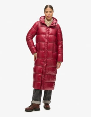 Superdry - Xpd Sport - Longline-Pufferjacke in dunklem Beerenrot-Rosa