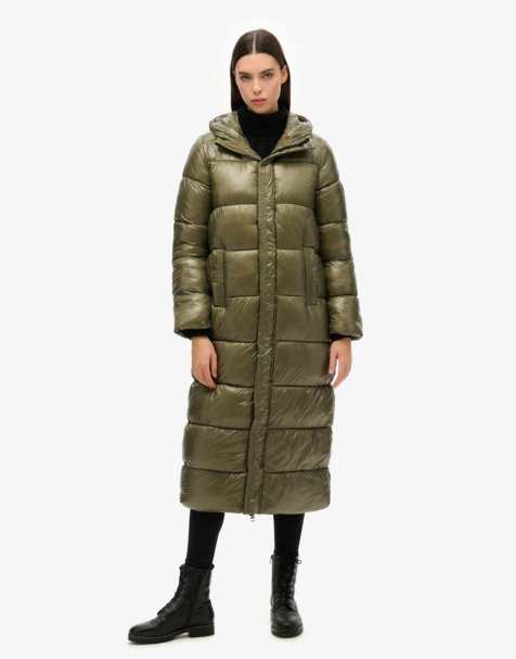 Superdry Xpd sports longline puffer coat in dusty olive - view 1
