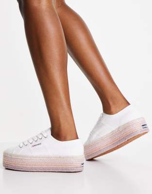 Superga 2790 Cotrope espadrille flatform trainers in white and pink