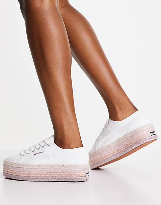 Superga 2790 Cotrope espadrille flatform trainers in white and pink