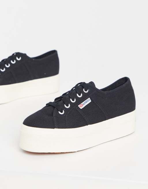 Superga 2790 Linea flatform trainers in black canvas with white