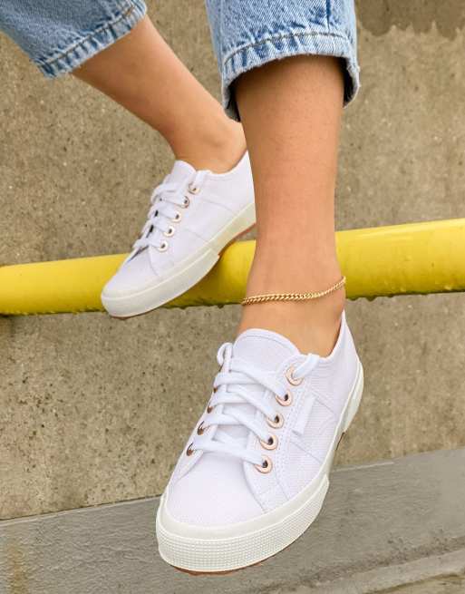 Superga lace up plimsolls with rose gold eyelets in white