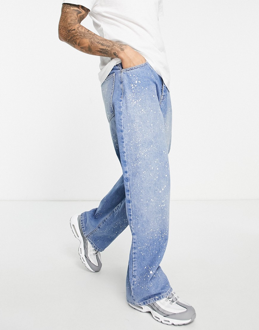 фото Супермешковатые джинсы с брызгами краски голубого цвета topman-голубой
