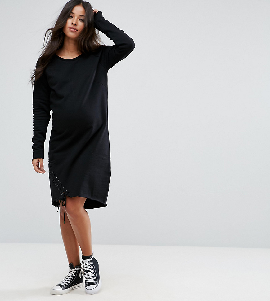 Supermom Long Sleeve Sweater Dress With Eyelet Lace Up Detail-Black