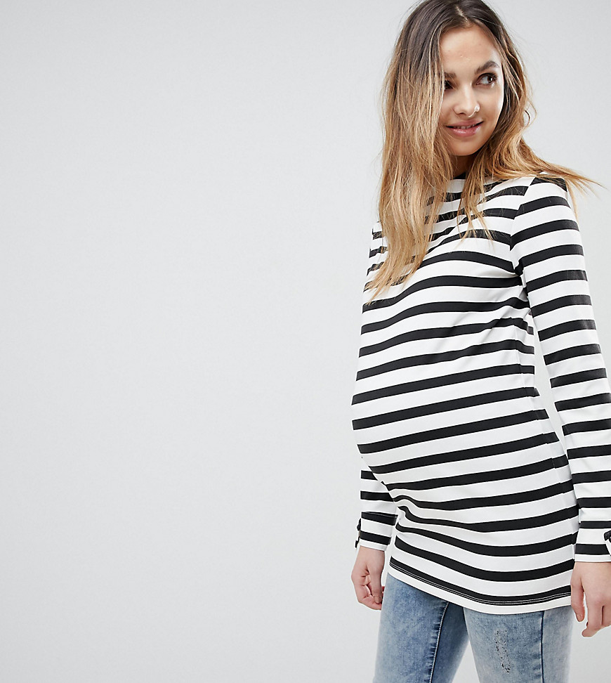 Supermom - Zwangerschapskleding - Gestreepte top met lange mouwen met rits op de achterkant-Zwart