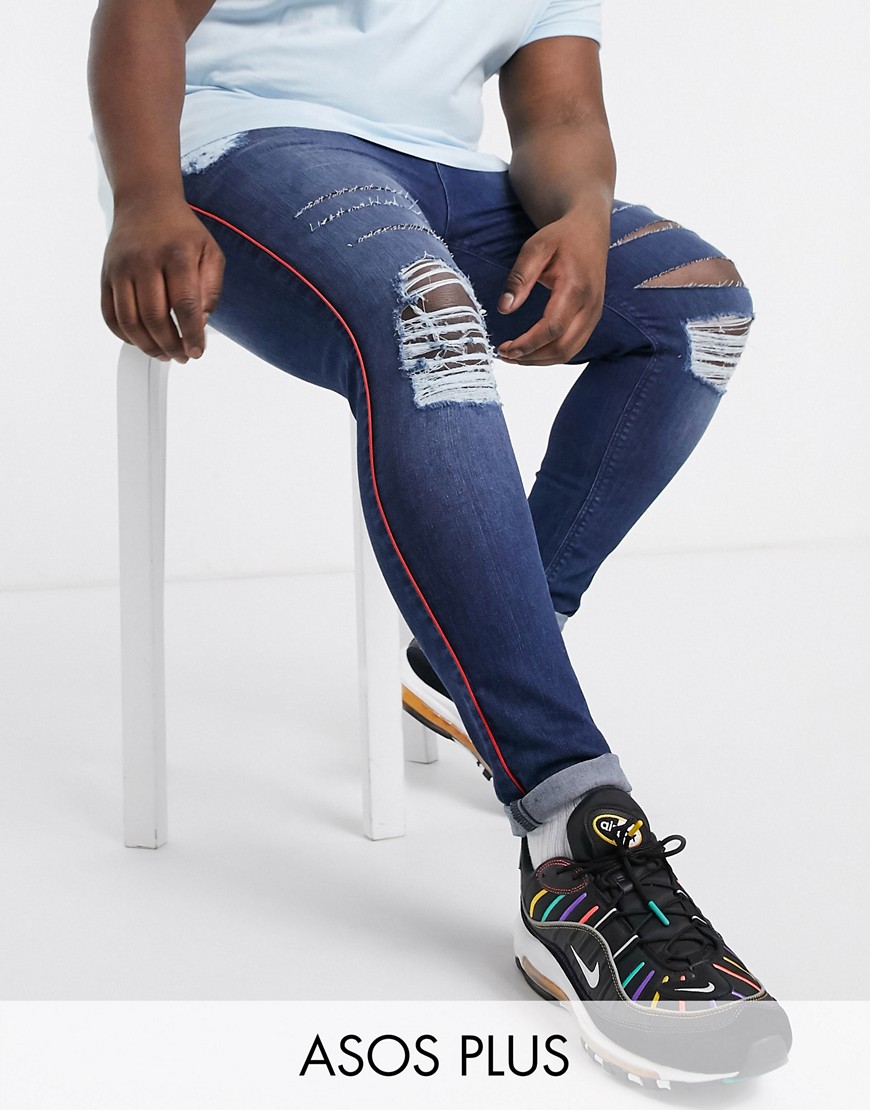 фото Супероблегающие джинсы стретч с полосками по бокам и рваной отделкой asos design plus-синий