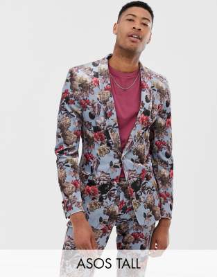 Супероблегающий бархатный пиджак голубого цвета с цветочным принтом ASOS DESIGN Tall-Синий a6774d21 фото