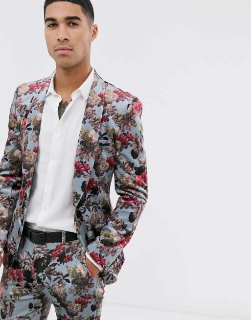 Jakkesæt med supersmal pasform i blåt fløjl med blomsterprint fra ASOS DESIGN, 2 af 3