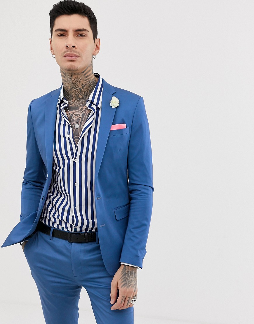 Superskinny stretch suit-jakke i ensfarvet bomuldssatin fra Devils Advocate-Blå