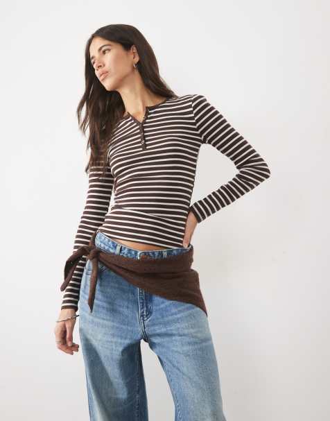 Supre alexis long sleeve henley in brown stripe