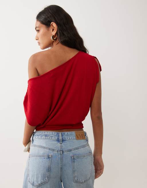 Supré Avalyn knitted one shoulder top in red , 3 of 4