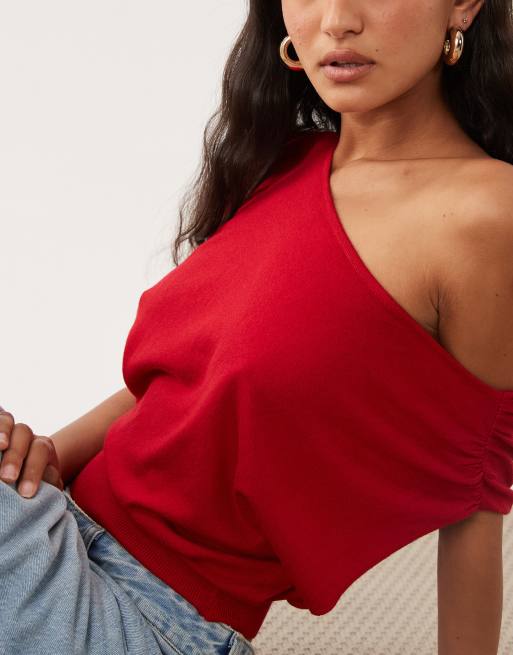 Supré Avalyn knitted one shoulder top in red , 4 of 4