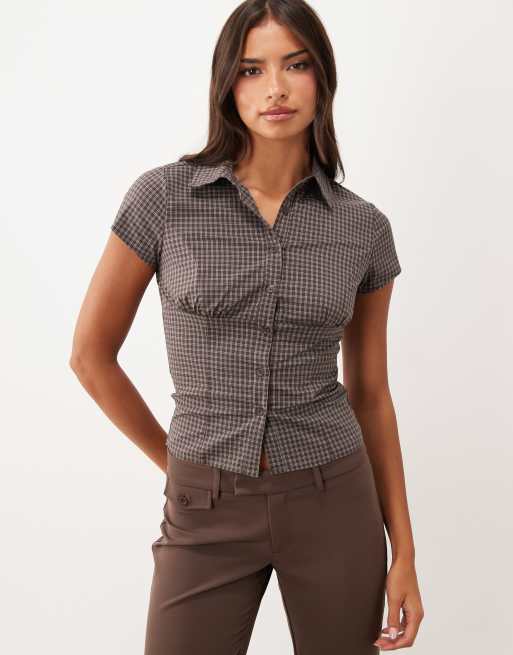 Supre camicia a maniche corte Luana a quadri marroni, 3 di 4