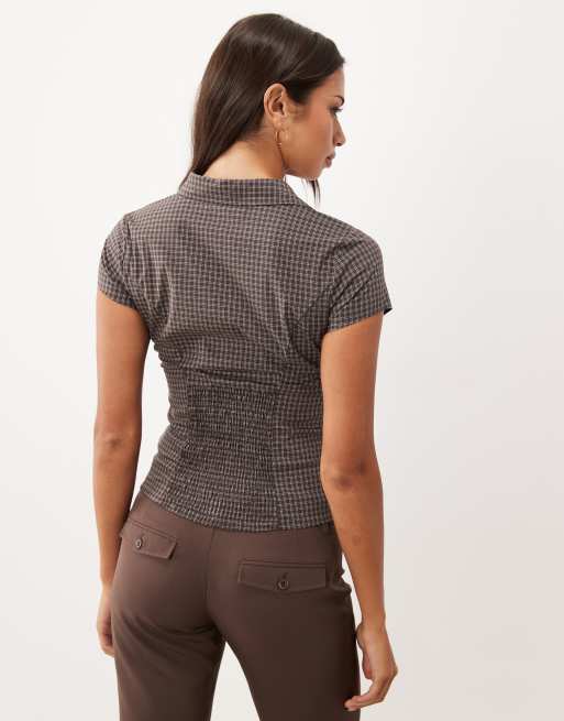 Supre camicia a maniche corte Luana a quadri marroni, 4 di 4