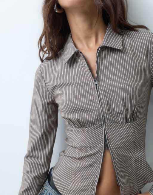 Supre chemise Rowan à manches longues et taille cintrée à rayures marron, 3 de 4