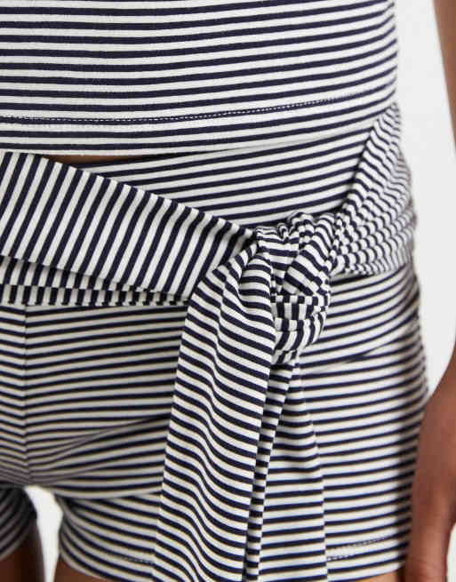 Supre Co-ord Soft Tanisha tie front booty short in renata stripe navy cream, 3 of 5