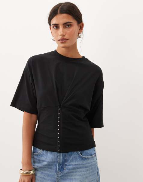 Supre czarny T-shirt z wiązaniem w talii - view 1