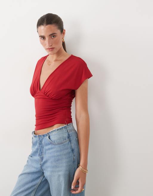 Supre delena v-neck ruched bust top in red , 4 of 4