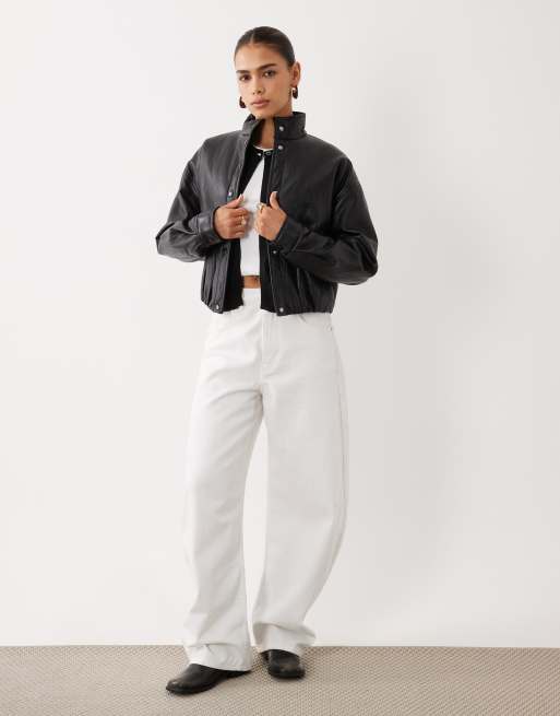 Supre eloise scrunch hem funnel neck PU bomber in black, 2 of 4