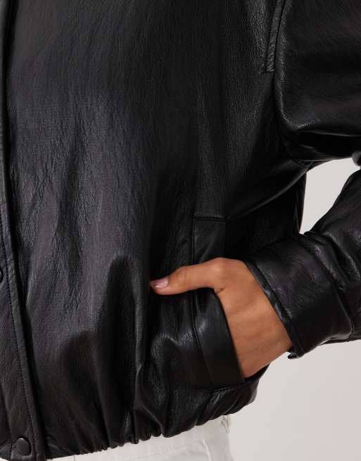 Supre eloise scrunch hem funnel neck PU bomber in black, 3 of 4