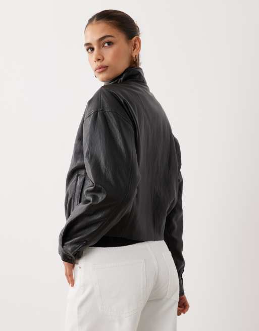 Supre eloise scrunch hem funnel neck PU bomber in black, 4 of 4
