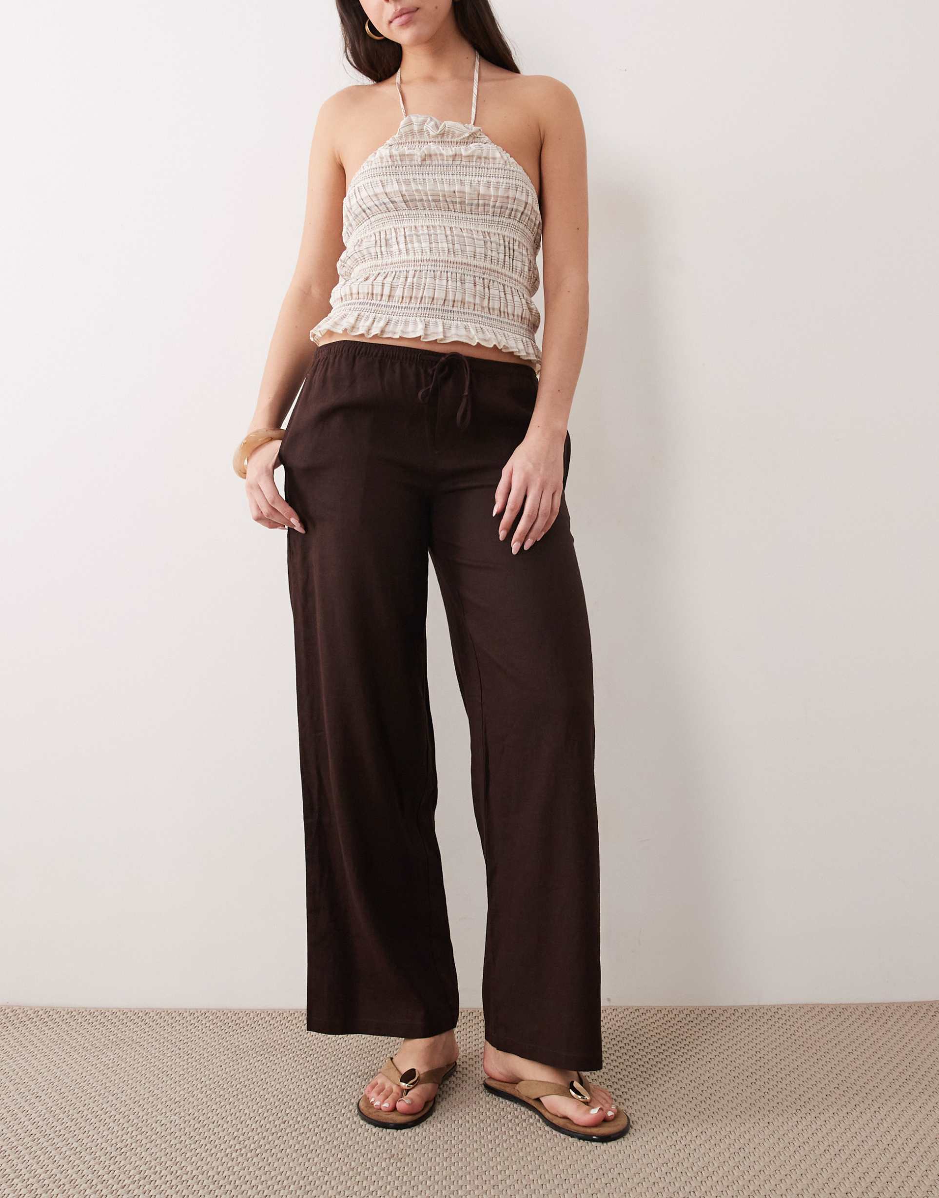 supré henley relaxed linen blend pants in brown bean