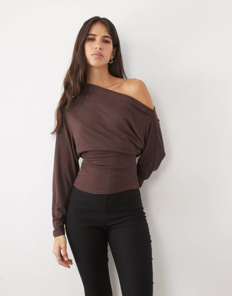 Supre kirby off shoulder long sleeve top in brown