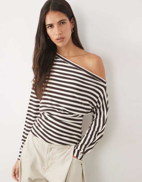 Supre kirby off shoulder long sleeve top in cream and brown stripe