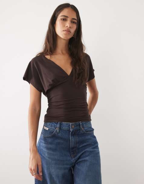 Supre maxie v neck tie back top in brown - view 1
