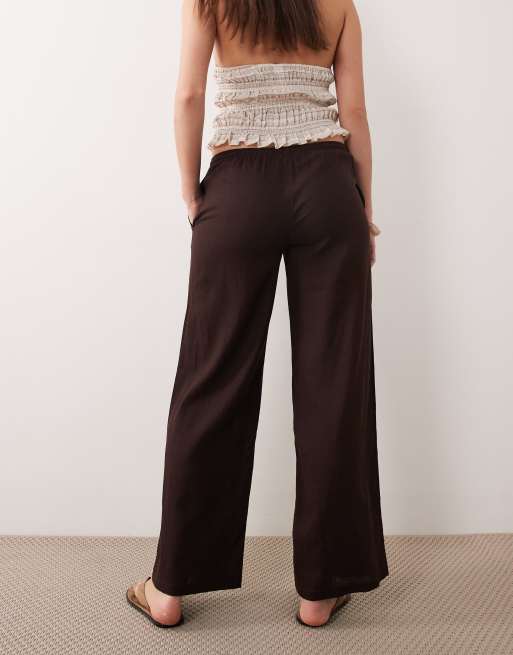 Supré - Pantaloni serafino comodi in lino marrone, 3 di 5
