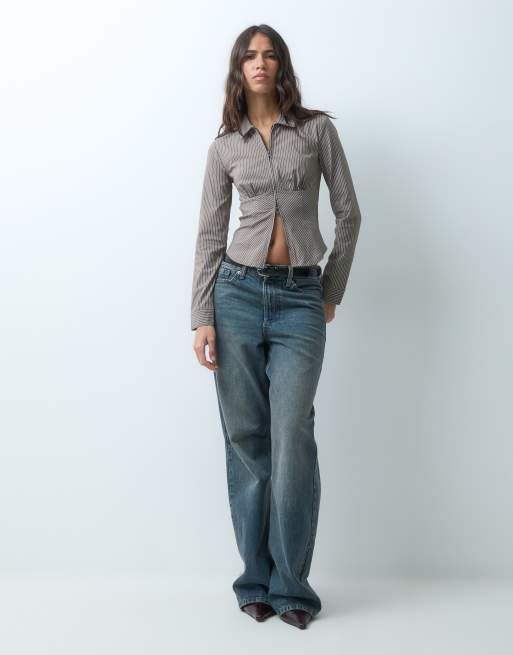 Supre Rowan overhemd met lange mouwen en getailleerde taille in bruine streep, 2 van 4
