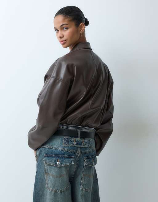 Supre rue faux leather bomber jacket in chocolate brown, 4 of 4