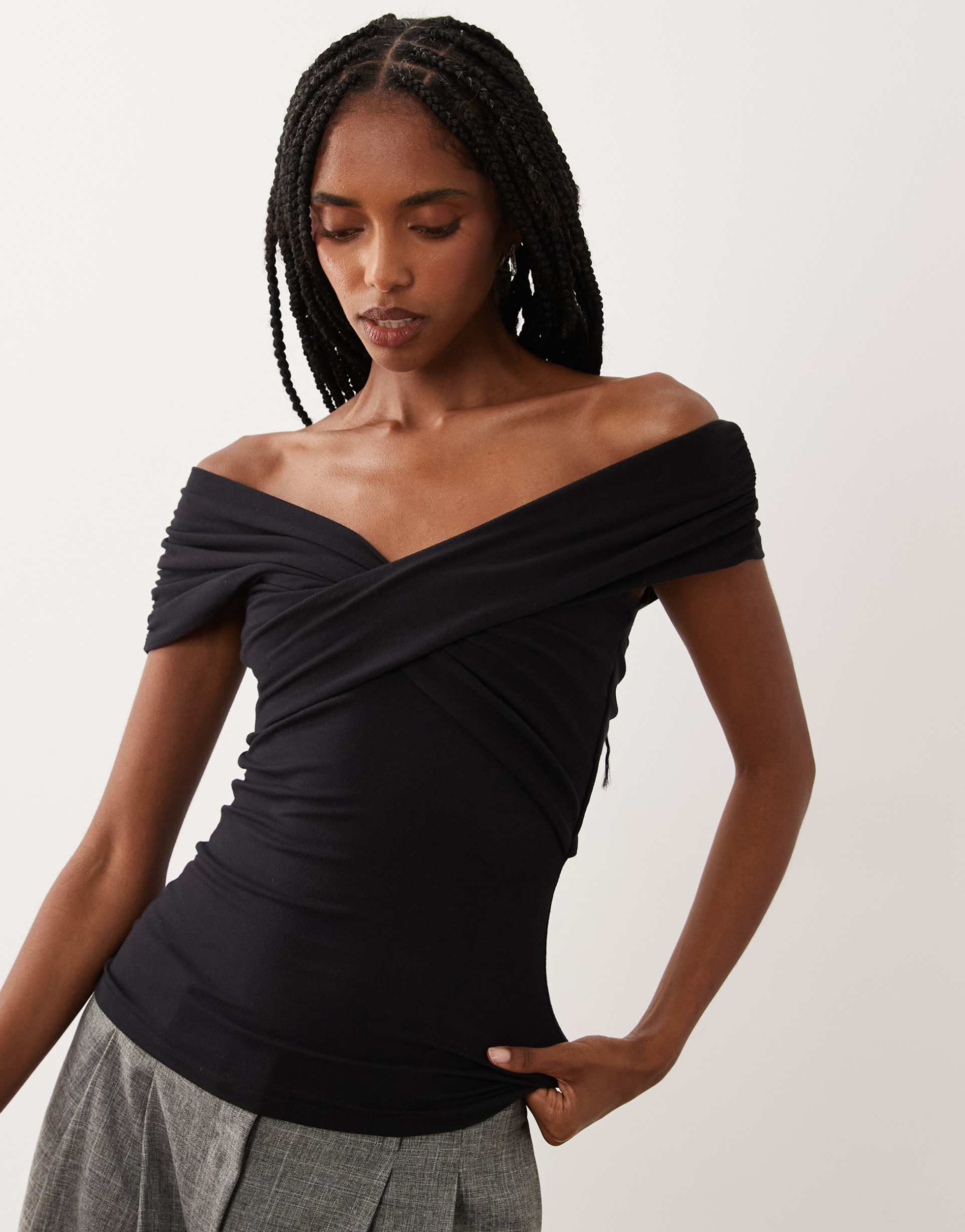 supre soft elodie off-shoulder wrap top in black