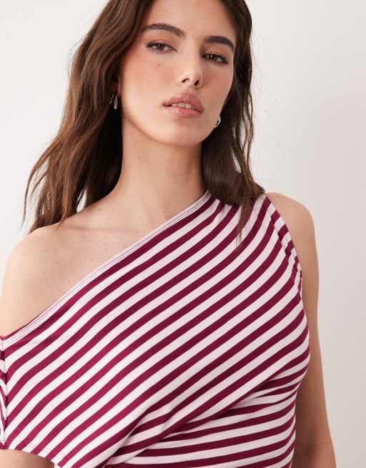 Supré soft Piper off-shoulder top in pink mulberry stripe, 3 of 4