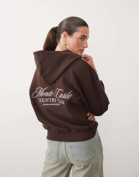 Supre sweat à capuche oversize Ella avec imprimé au dos en marron chocolat - view 1