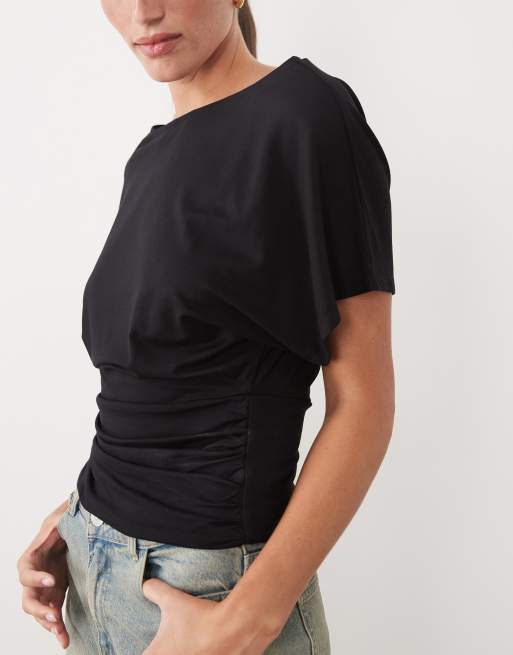 Supre tana boat neck cinched waist t shirt in black, 4 of 4
