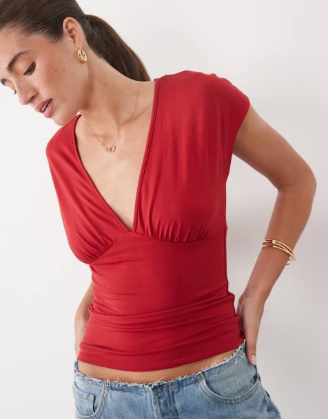 Supre top à col V et bustier froncé rouge - view 1