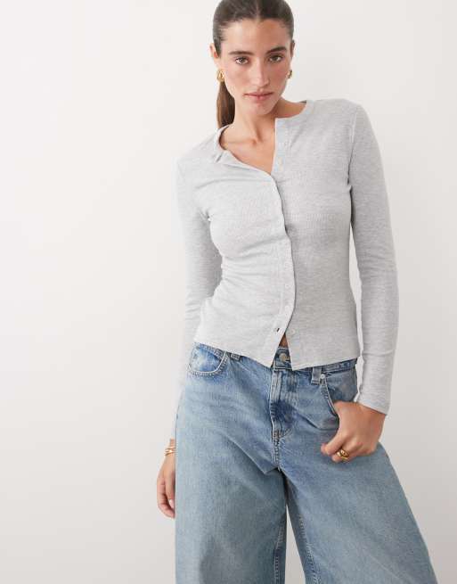 Supre top a coste con bottoni e maniche lunghe in grey marl, 3 di 4