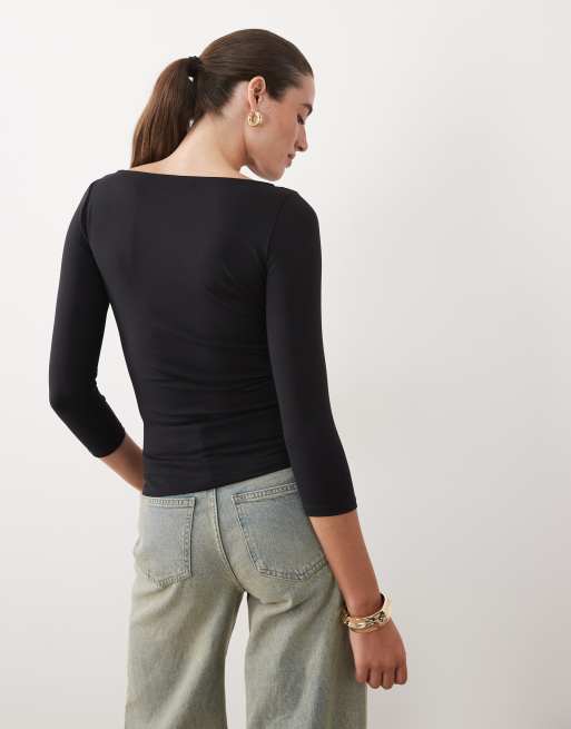 Supre ziggy slash neck 3/4 sleeve top in black, 3 of 4