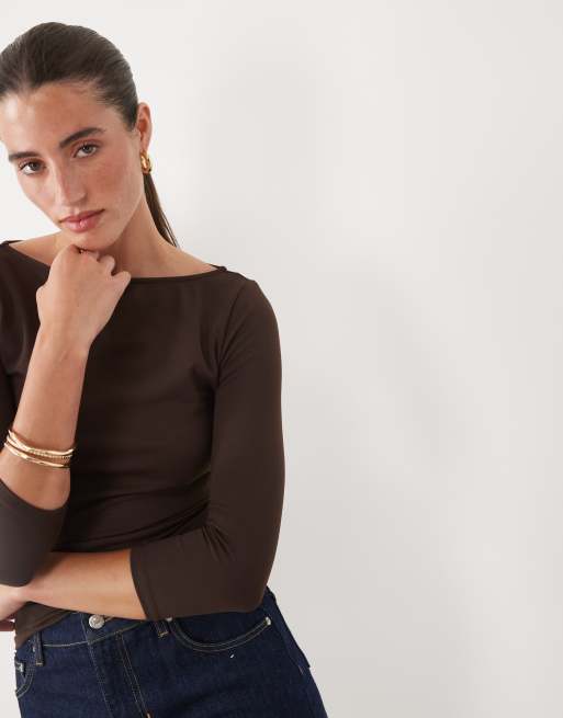 Supré Ziggy slash neck 3/4 sleeve top in brown , 4 of 4