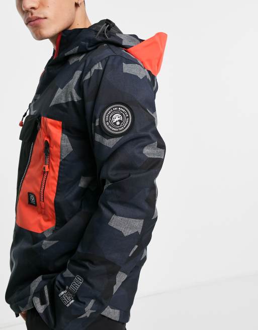 Surfanic project X overhead camo technical ski jacket in black | ASOS