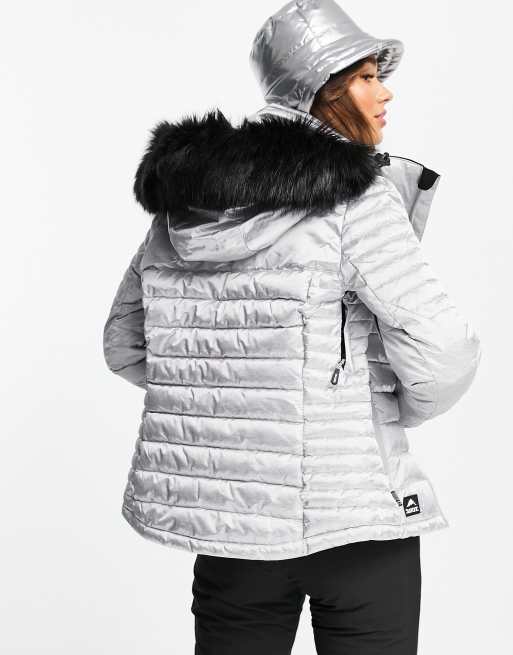 Silver ski jacket sale with fur hood