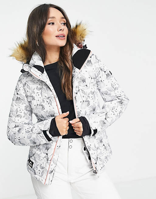 Surfanic Strobe slim fit removable faux fur hood insulated ski jacket in white