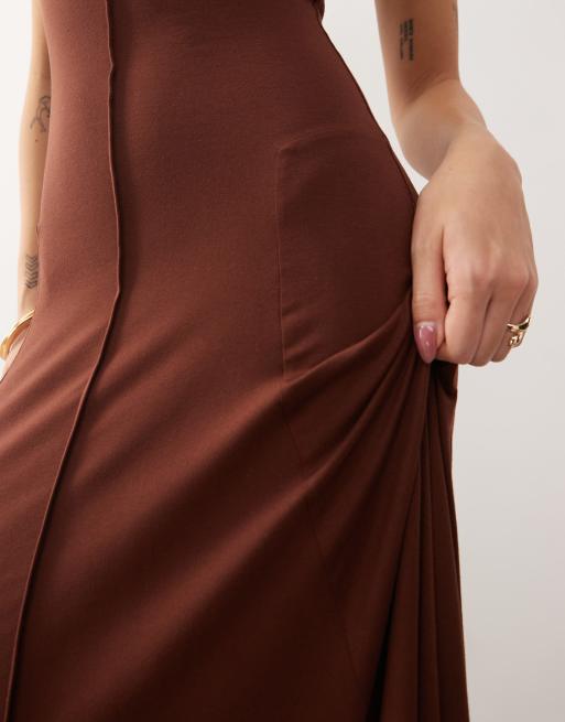 Susmie's diana slinky cupro high neck maxi dress in brown, 2 of 4