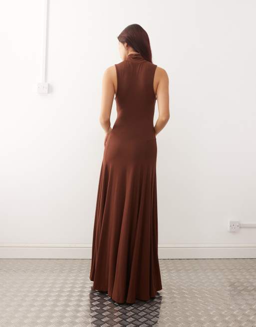 Susmie's diana slinky cupro high neck maxi dress in brown, 3 of 4