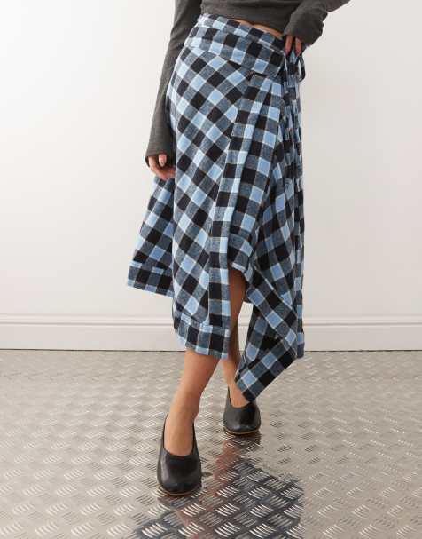Susmie's flannel asymmetric midi skirt in blue and black check - view 1