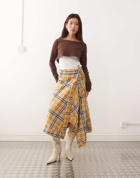 Susmies flannel asymmetric midi skirt in brown and yellow check